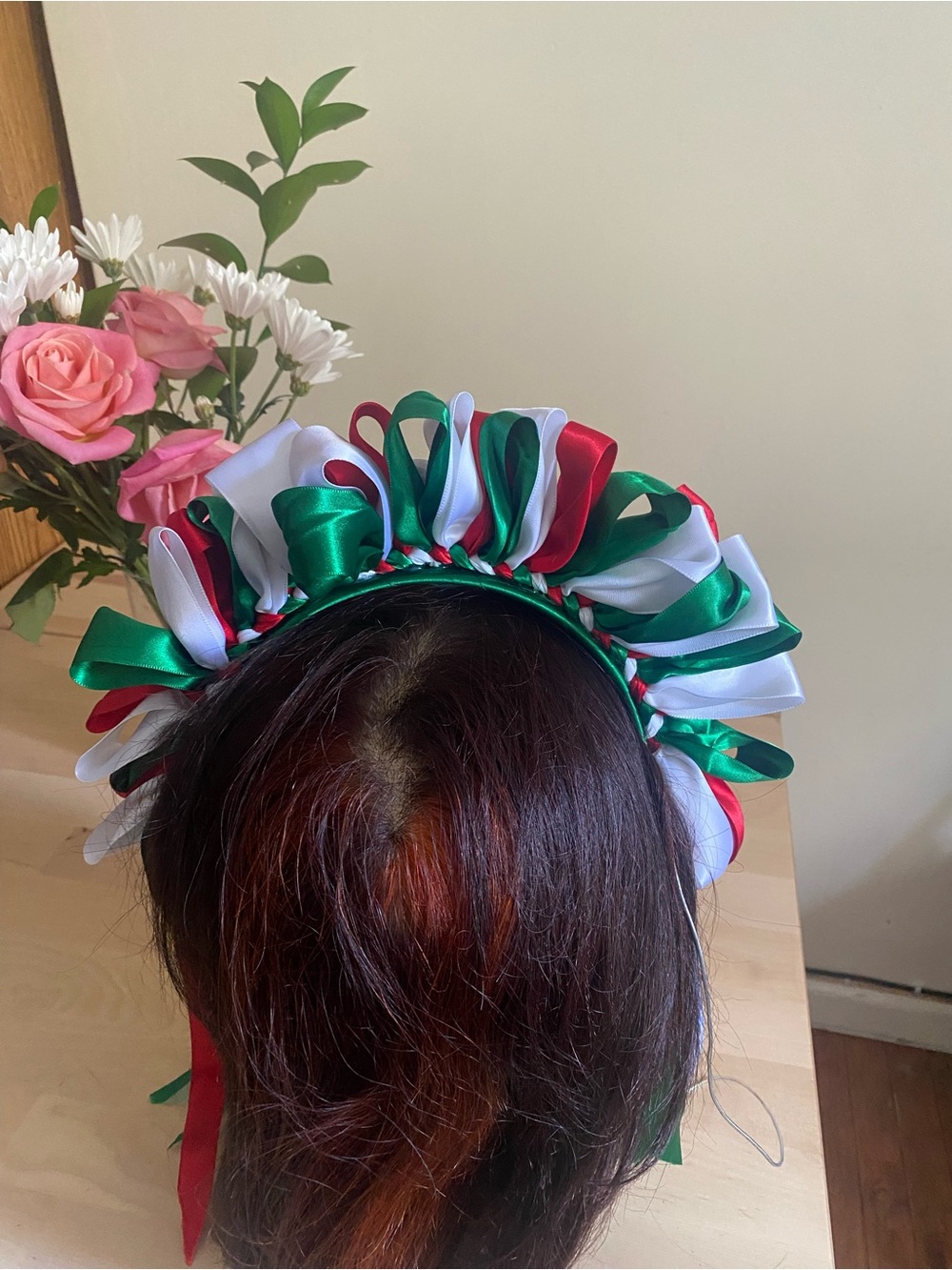 Mexican Handmade Ribbon Floral Headband in Red, Green & White - Picture 4 of 6